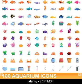 100 aquarium icons set. Cartoon illustration of 100 aquarium icons vector set isolated on white background Stock Vector
