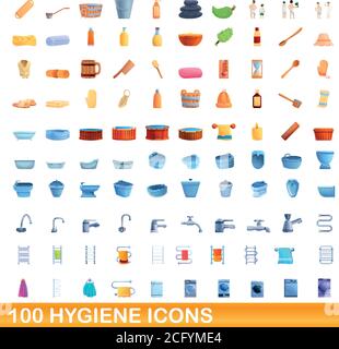 100 hygiene icons set. Cartoon illustration of 100 hygiene icons vector set isolated on white background Stock Vector