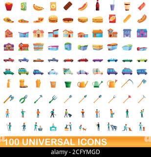 100 universal icons set. Cartoon illustration of 100 universal icons vector set isolated on white background Stock Vector