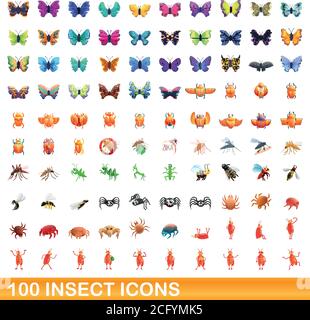 100 insect icons set. Cartoon illustration of 100 insect icons vector set isolated on white background Stock Vector