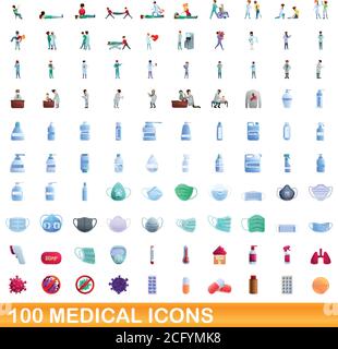 100 medical icons set. Cartoon illustration of 100 medical icons vector set isolated on white background Stock Vector