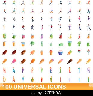 100 universal icons set. Cartoon illustration of 100 universal icons vector set isolated on white background Stock Vector