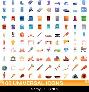 100 universal icons set. Cartoon illustration of 100 universal icons vector set isolated on white background Stock Vector