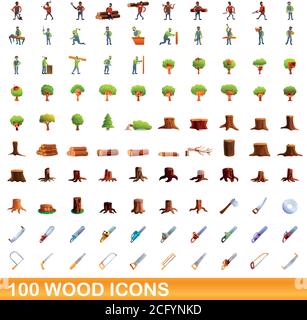 100 wood icons set. Cartoon illustration of 100 wood icons vector set isolated on white background Stock Vector