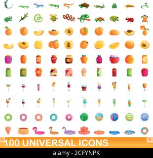 100 universal icons set. Cartoon illustration of 100 universal icons vector set isolated on white background Stock Vector