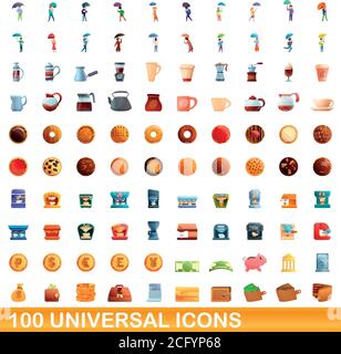 100 universal icons set. Cartoon illustration of 100 universal icons vector set isolated on white background Stock Vector