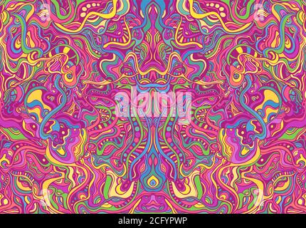 Symmetrycal motley hippie trippy psychedelic abstract pattern with many intricate wavy ornaments, bright neon multicolor color texture. Stock Vector
