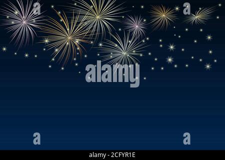 Brightly gold fireworks and stars on twilight background. Festival or holiday fireworks banner with copy space. Independence day. Vector illustration Stock Vector