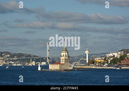 Maiden's Tower (Kız Kulesi) with the Bosphorus Bridge, Ortakoy and Uskudar in the background, Istanbul, Turkey Stock Photo