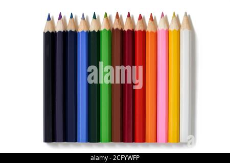 Overhead view of different coloured pencils isolated on white background Stock Photo
