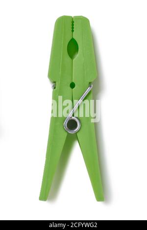 Overhead view of plastic green clothes peg on white background Stock Photo