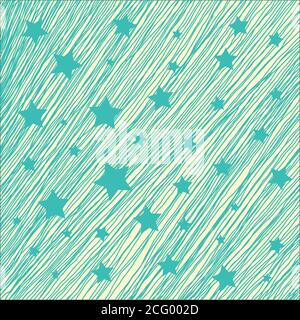 Lines and stars hand drawn vector background. Grungy thin stripes vector texture. Cheerful blue green yellow stars Stock Vector