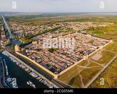 France, Gard, Petite Camargue, the medieval town of Aigues Mortes (aerial view) Stock Photo