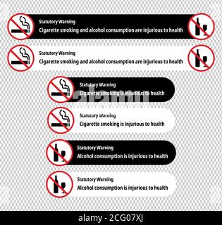 'Smoking and alcohol consumption are injurious to health' statutory warnings in English language. Black and white versions. Stock Vector