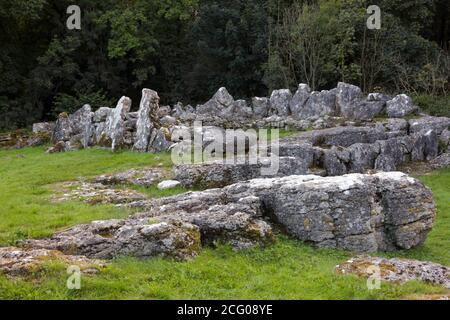 Din Lligwy is the remains of an ancient, Iron Age village near Moelfre on Anglesey, North Wales. It was still occupied during the Roman occupation. Stock Photo