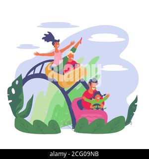 Family with children riding roller coaster park.  Stock Vector