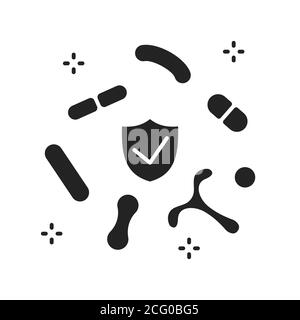 Human healthy intestinal microflora black glyph icon. Microscopic bacterias in Intestine. Sign for web page, mobile app, button, logo. Stock Vector