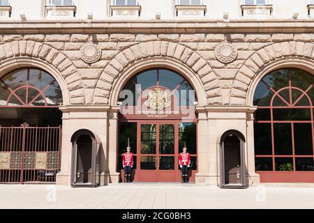 SOFIA, BULGARIA - MAY 3 2019: Two Guards of Honor in front of the Presidency of Bulgarian republic in the city of Sofia, Bulgaria Stock Photo