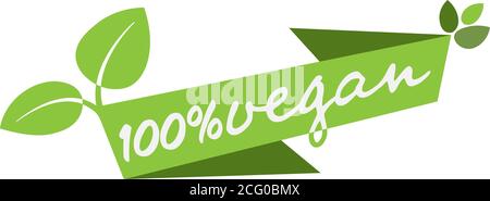 green 100 percent vegan banner or label with leaves vector illustration Stock Vector