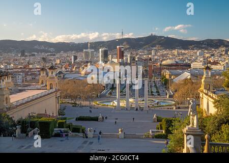 Barcelona - The town and the Plaza Espana in evening light. Stock Photo