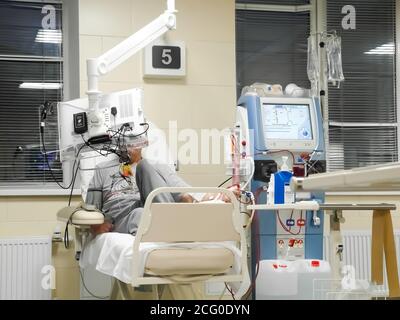 Blood purification. Hemodialysis.the patient undergoes the procedure of renal replacement therapy on the device artificial kidney . Stock Photo