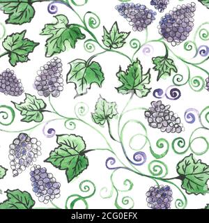 Grape bunches. Seamless pattern. Watercolor painting. Handmade drawing. grapes seamless pattern watercolor Stock Photo
