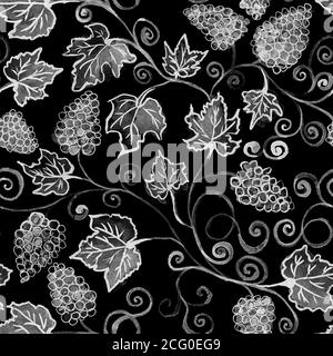 Grape bunches. Seamless pattern. Watercolor painting. Handmade drawing. grapes seamless pattern watercolor. Black and white Stock Photo