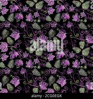 Grape bunches. Seamless pattern. Watercolor painting. Handmade drawing. grapes seamless pattern watercolor on black background Stock Photo