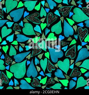Seamless pattern with hand drawn watercolor heart. Hand painted pattern. Romantic ornament for valentines day. Ink illustration. Bright hearts on blac Stock Photo