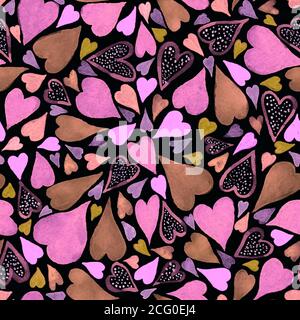 Seamless pattern with hand drawn watercolor heart. Hand painted pattern. Romantic ornament for valentines day. Ink illustration. Bright hearts on blac Stock Photo