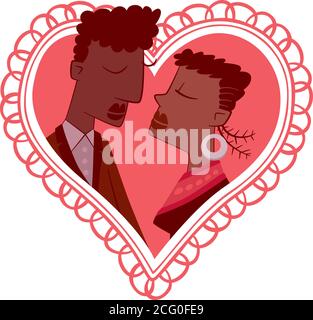 A black couple kiss on a heart-shaped background. Stock Vector