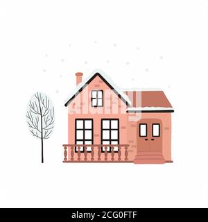 Cartoon Winter house. Vector image of a Christmas house and tree covered with snow. Stock Vector
