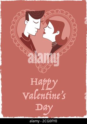 Retro style valentine card with a couple kissing on a heart shaped background. Stock Vector