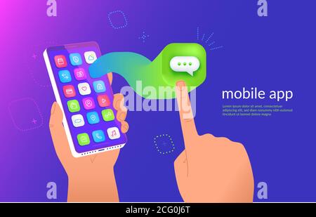 Isometric smartphone with messenger application flying out the screen for a presentation Stock Vector
