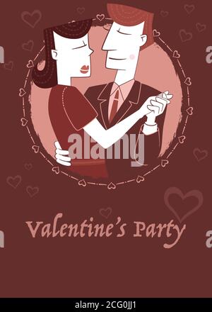 Retro style poster for a Valentine’s Day party with an elegant couple dancing together. Stock Vector