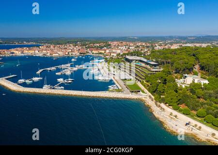 Aerial photo of hotels, beach and marina in Rovinj town, Istra, Croatia Stock Photo