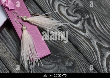 Ostrich feather brush earrings and a case for them. They lie on pine boards painted in black and white. Autumn gifts for loved ones. Stock Photo