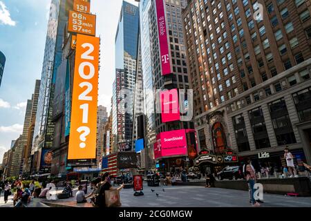 Advertising on One Times Square in New York during the COVID-19 pandemic reminds people of how many days are left to 2020, seen on Saturday, August 22, 2020.  (© Richard B. Levine) Stock Photo