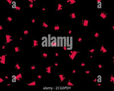 Seamless pattern with trolley and gift boxes. Shopping carts and gifts in red on a black background. Black Friday big sale. Vector illustration Stock Vector