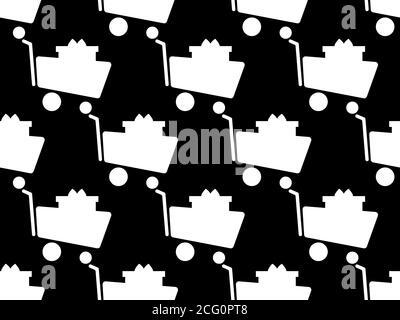 Seamless pattern with trolley and gift boxes. Shopping carts and gifts white color on a black background. Black Friday big sale. Vector illustration Stock Vector