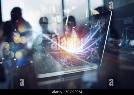 Laptop in office connected on internet network shares data Stock Photo