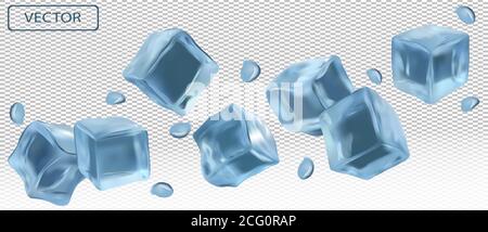 Ice cubes with water drops on transparent background. Frozen ice cubes from different angles. 3D realistic vector illustration.  Stock Vector