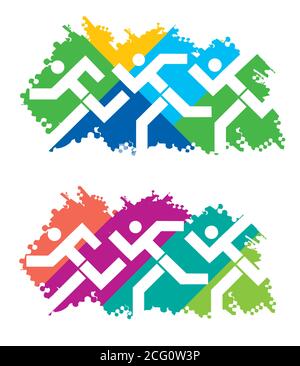 Runners competition, fitness running. Abstract stylized illustrations of race runners on the colorful grunge background. Vector available. Stock Vector