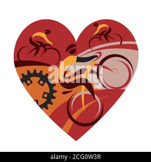 I love  cycling.  Colorful Illustration with heart symbol with three cyclists. Vector available. Stock Vector