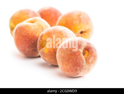 Fresh ripe bio peaches isolated on white background. Stock Photo