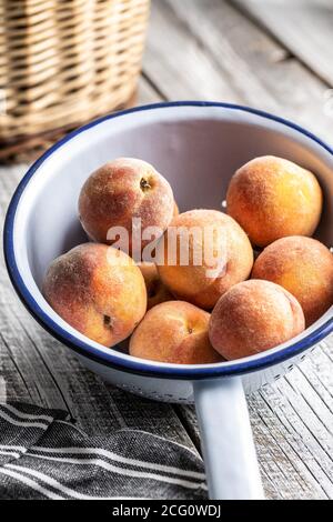 Fresh ripe bio peaches in colander. Stock Photo