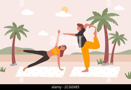 People practice yoga on beach vector illustration. Cartoon happy young family or couple characters doing yoga exercises together, active man woman training body health. Healthy lifestyle background Stock Vector