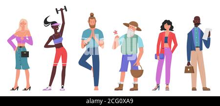 Casual people flat vector illustration set. Cartoon various standing characters collection of senior man, athlete woman, yogist in yoga pose, stylish fashion girl. Urban casual style isolated on white Stock Vector