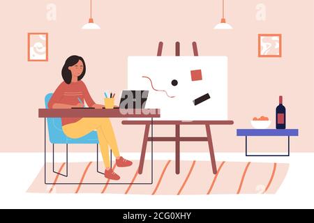Freelance illustrator art work flat vector illustration. Cartoon happy young woman freelancer artist designer character working with laptop, sitting at home desk workplace, digital design background Stock Vector