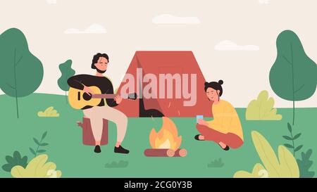 Tourist camping flat vector illustration. Cartoon happy camper characters sitting by campfire next to camp tent, guy playing music guitar, people enjoy nature picnic. Outdoor summer tourism background Stock Vector